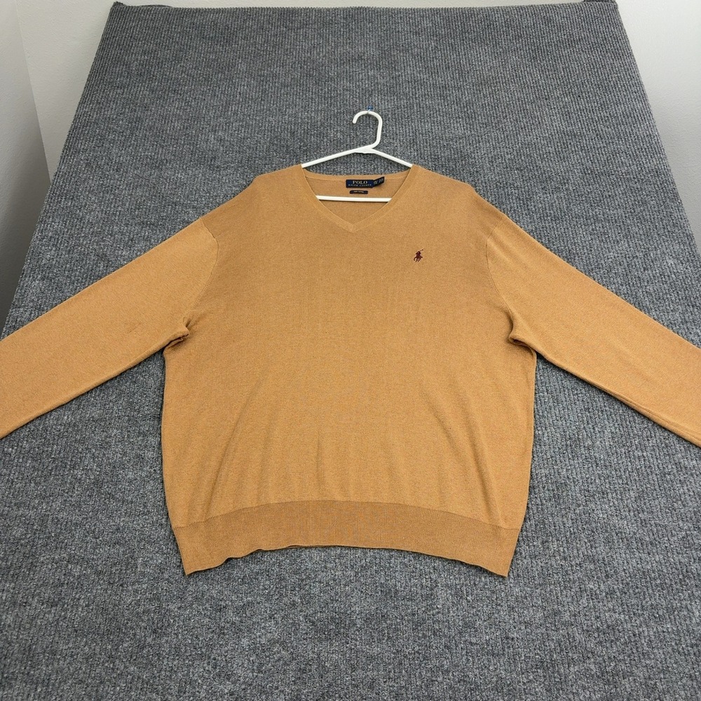 Polo Ralph Lauren Sweater Mens XXL Tan Pima Cotton V-Neck Classic Preppy